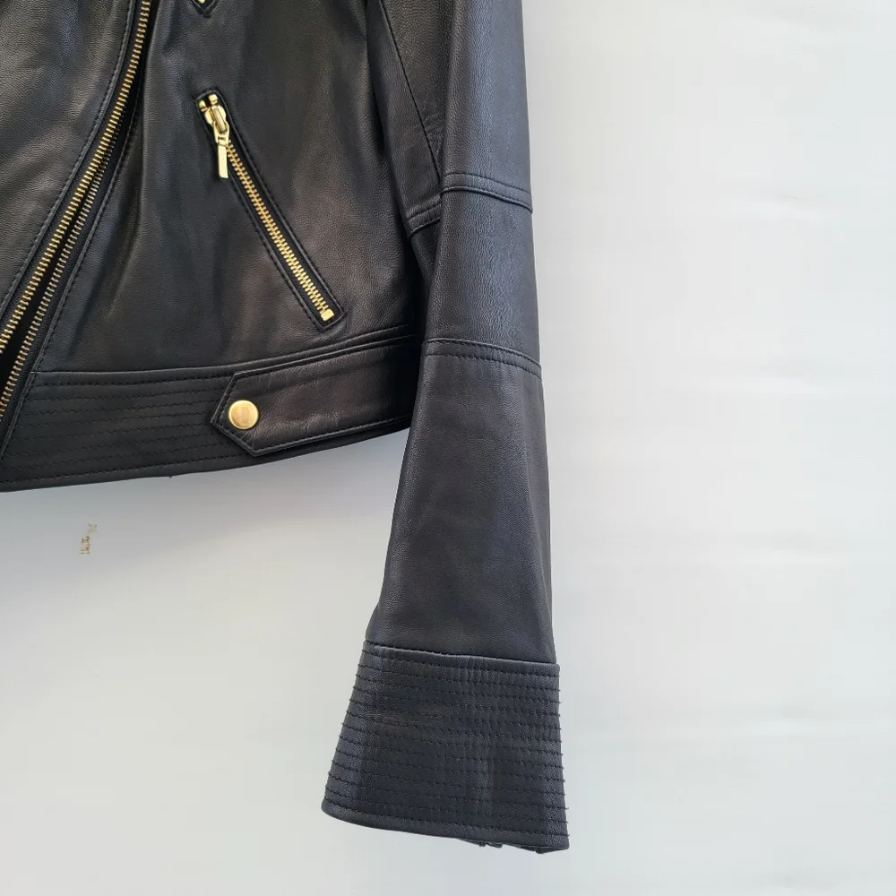 Truth+Pride Black Leather Moto Jacket Size Large Minimalist Classic Gold Neutral - Picture 5 of 16